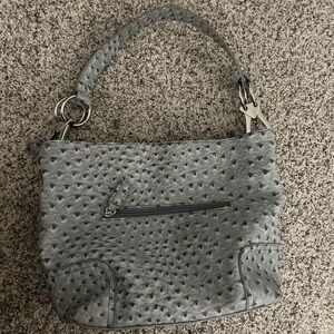 Gray Textured Shoulder Bag with Metallic Hardware